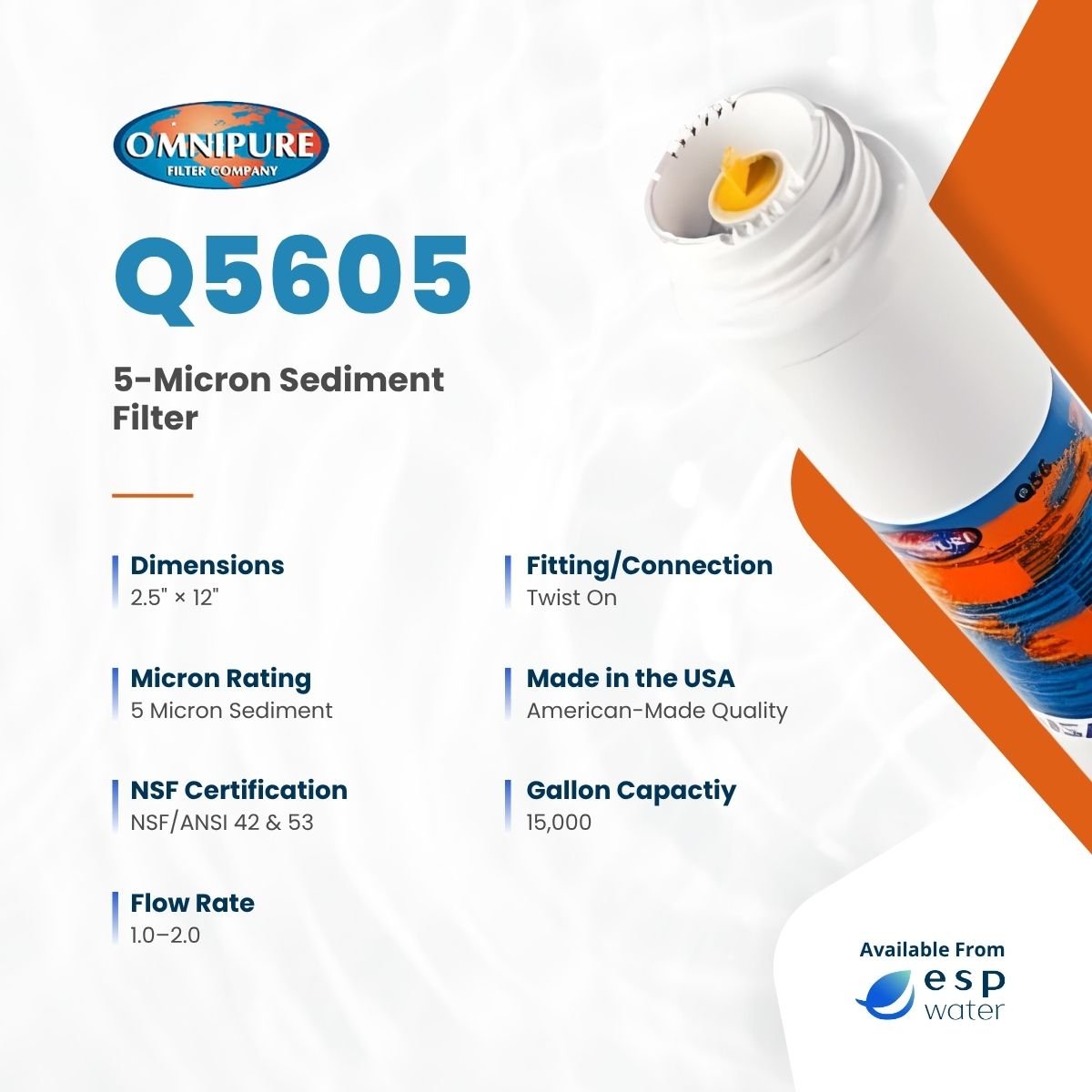 Omnipure Q5605 Sediment Filter 5 Micron 2.5" x 12" Q5605 - ESP Water