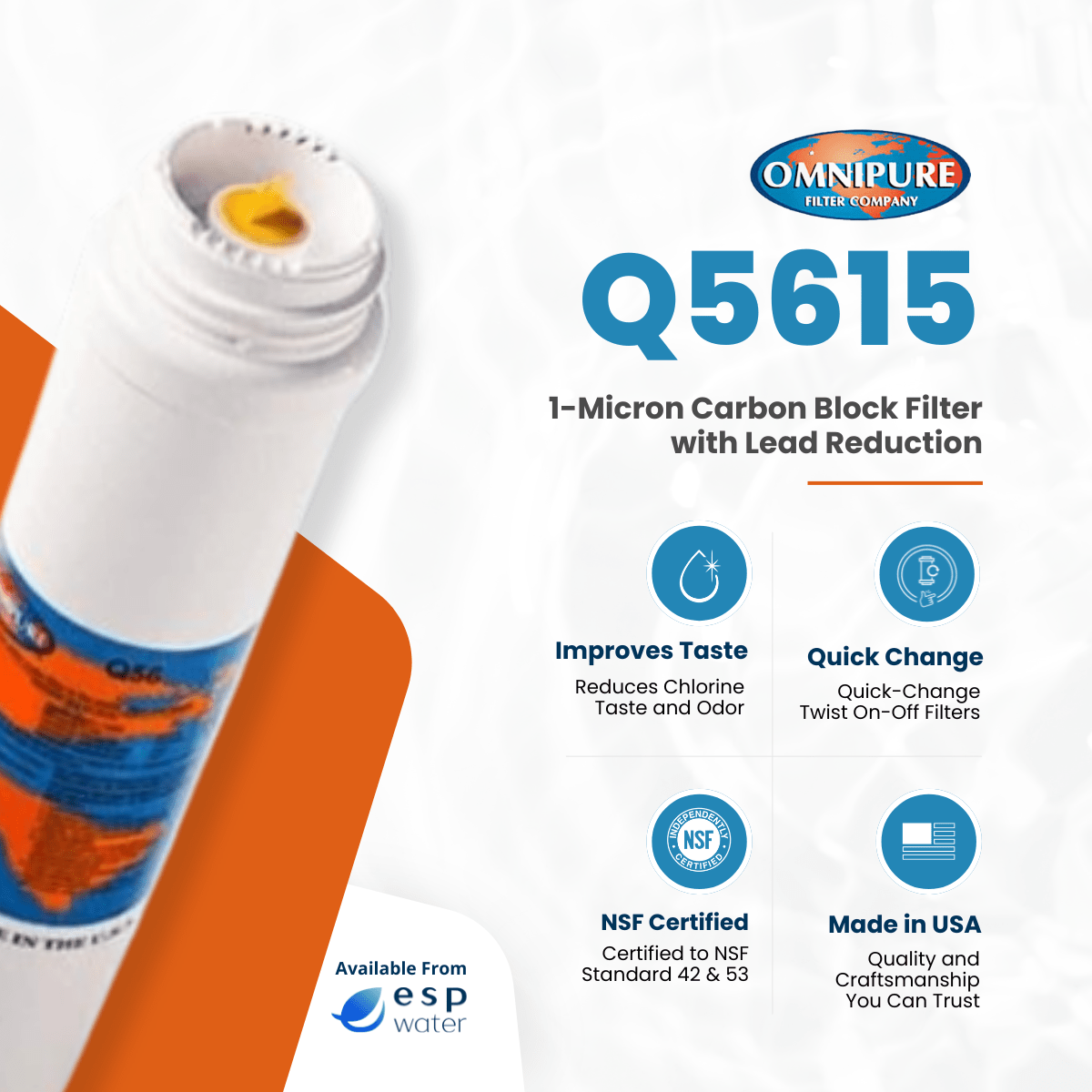 Omnipure Q5615 Carbon Block Filter with Lead Reduction 1 Mic 2.5"x12" Q5615 - ESP Water