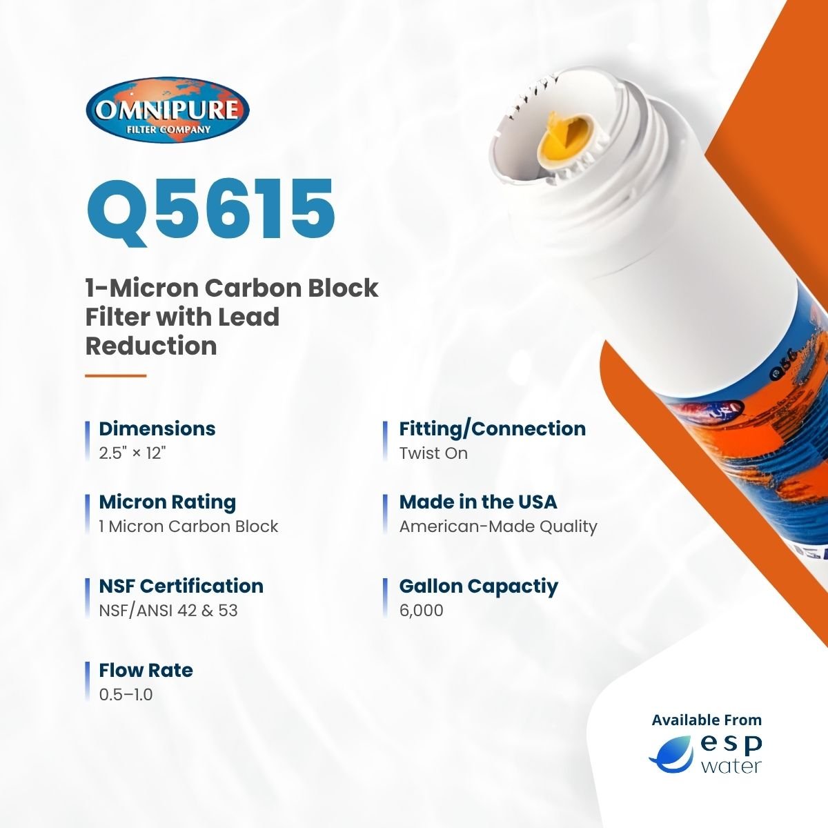 Omnipure Q5615 Carbon Block Filter with Lead Reduction 1 Mic 2.5"x12" Q5615 - ESP Water
