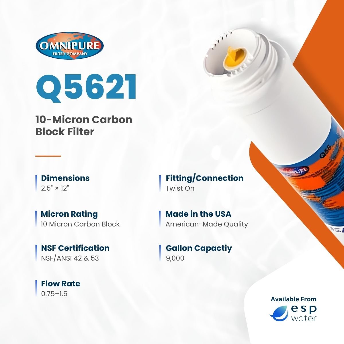 Omnipure Q5621 Carbon Block Filter 10 Micron 2.5 " x 12" Q5621 - ESP Water