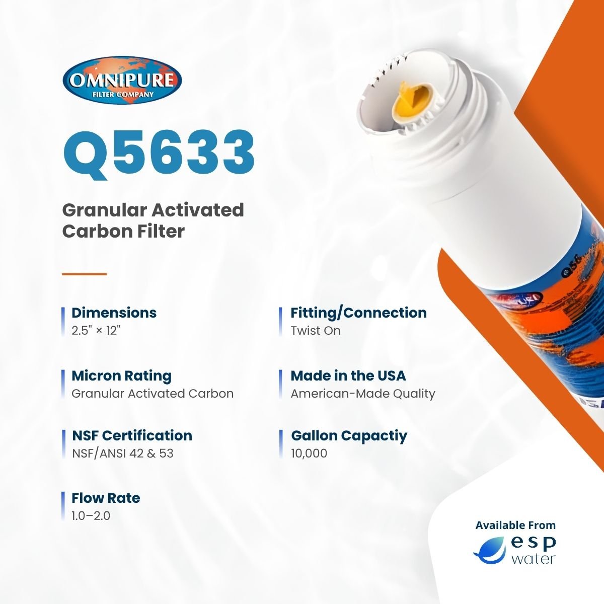 Omnipure Q5633 Granular Carbon Filter GAC T33 2.5" x 12" Q5633 - ESP Water
