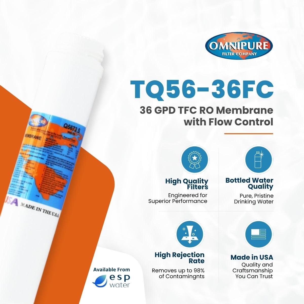 Omnipure Q5672 - 36FC RO membrane 36 GPD with Flow Control TQ56-36FC - ESP Water