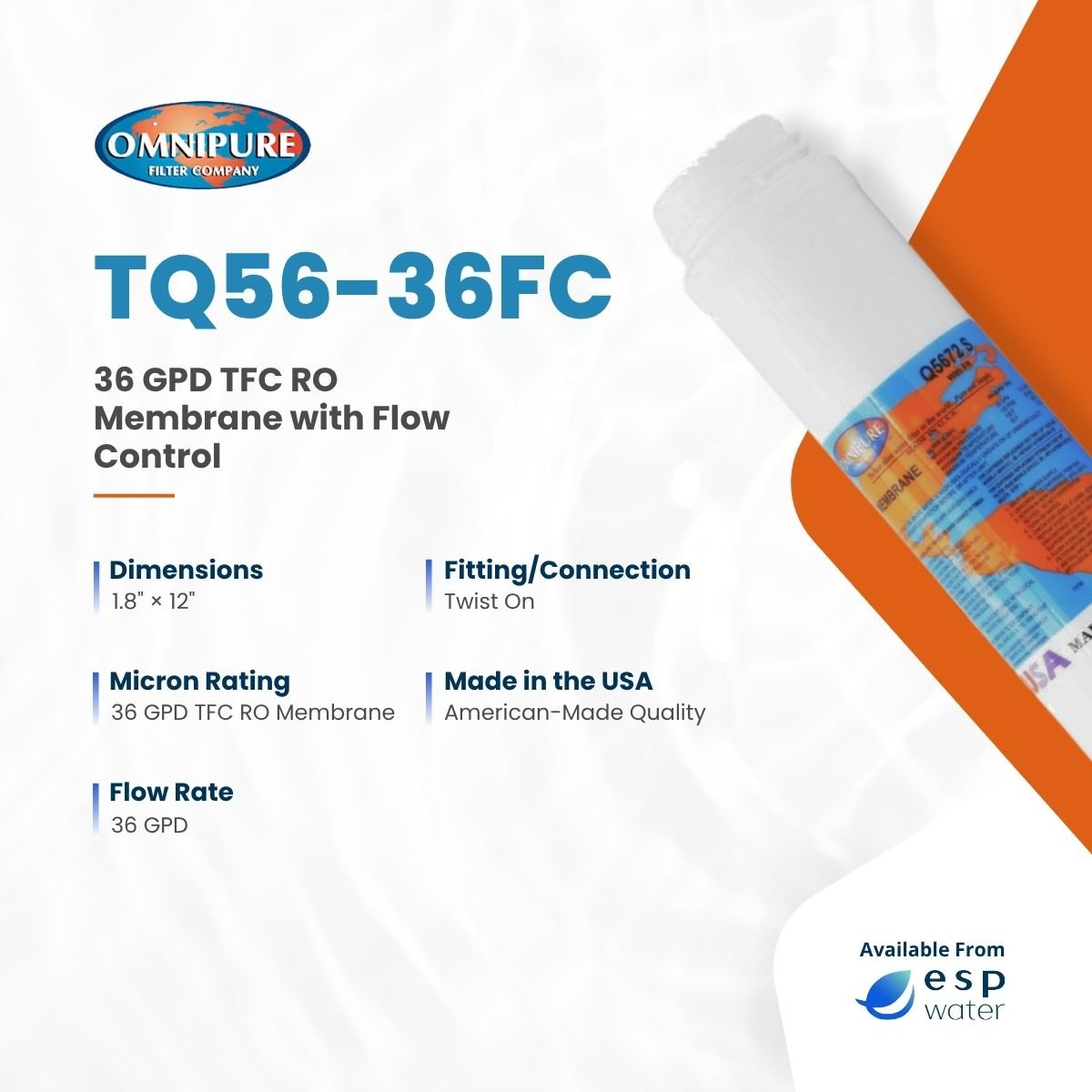 Omnipure Q5672 - 36FC RO membrane 36 GPD with Flow Control TQ56-36FC - ESP Water