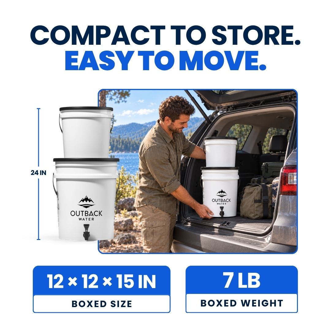 Man loading the Outback Ready emergency water filter into an SUV; 24-inch assembled height, 12 x 12 x 15-inch box, and 7-pound boxed weight.