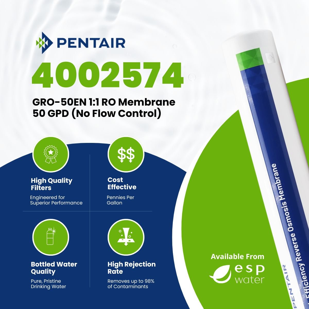 Pentair GRO - 50EN 1:1 RO Membrane 50 GPD 4002574 - No Flow Control 4002574 - ESP Water
