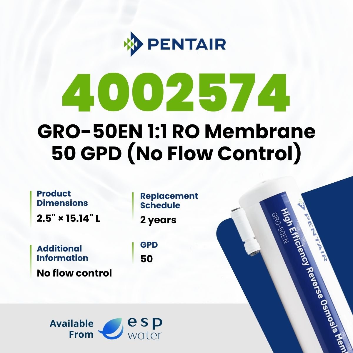 Pentair GRO - 50EN 1:1 RO Membrane 50 GPD 4002574 - No Flow Control 4002574 - ESP Water