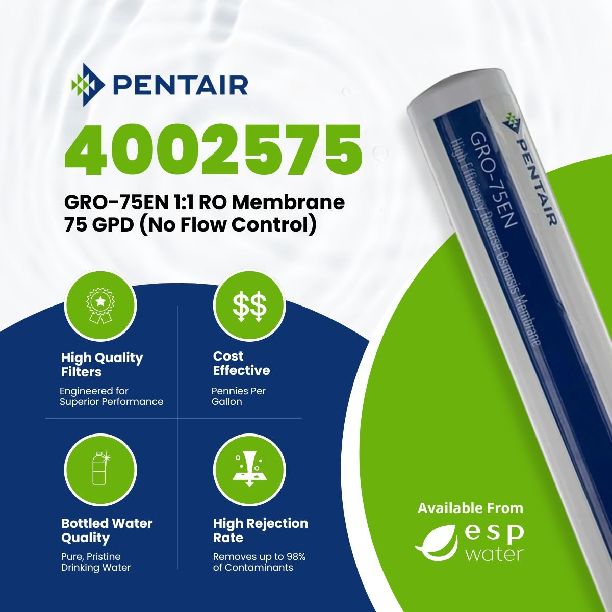 Pentair GRO - 75EN 1:1 RO Membrane 75 GPD 4002575 - No Flow Control 4002575 - ESP Water