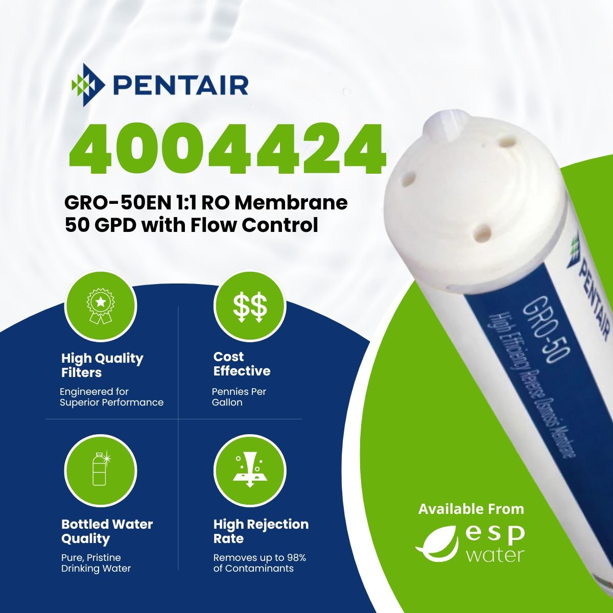 Pentair GRO - 50EN 1:1 RO Membrane 50 GPD With Flow Control 4004424 4004424 - ESP Water