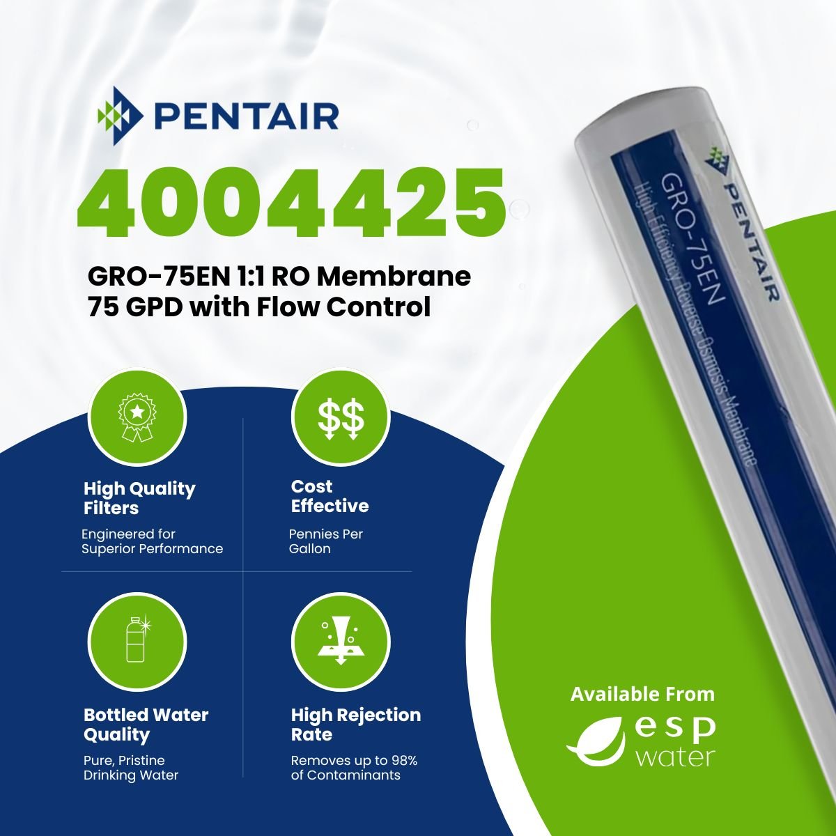 Pentair GRO - 75EN 1:1 Reverse Osmosis Membrane 75 GPD with Flow Control 4004425 4004425 - ESP Water