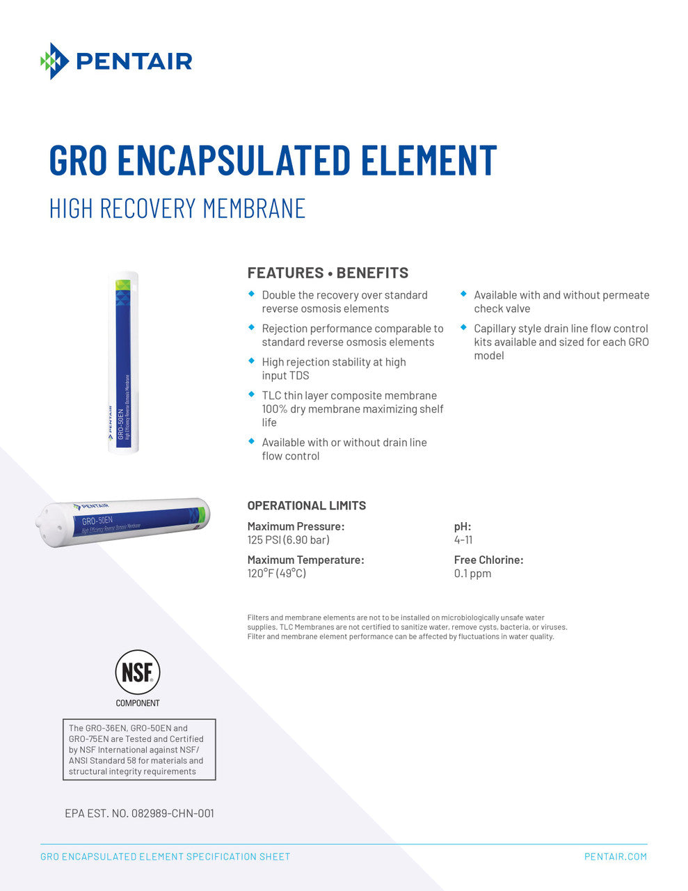 Pentair Pentair GRO-50EN 50 GPD High Efficiency RO Membrane with Flow Control 4004424 4004424 Features and Benefits