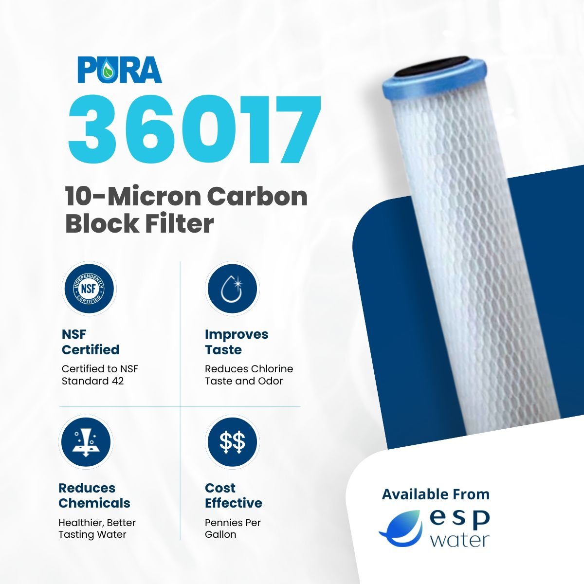 Pura 36017 Carbon Block Filter 10 Micron 2.5" x 20" for UV20 36017 - ESP Water