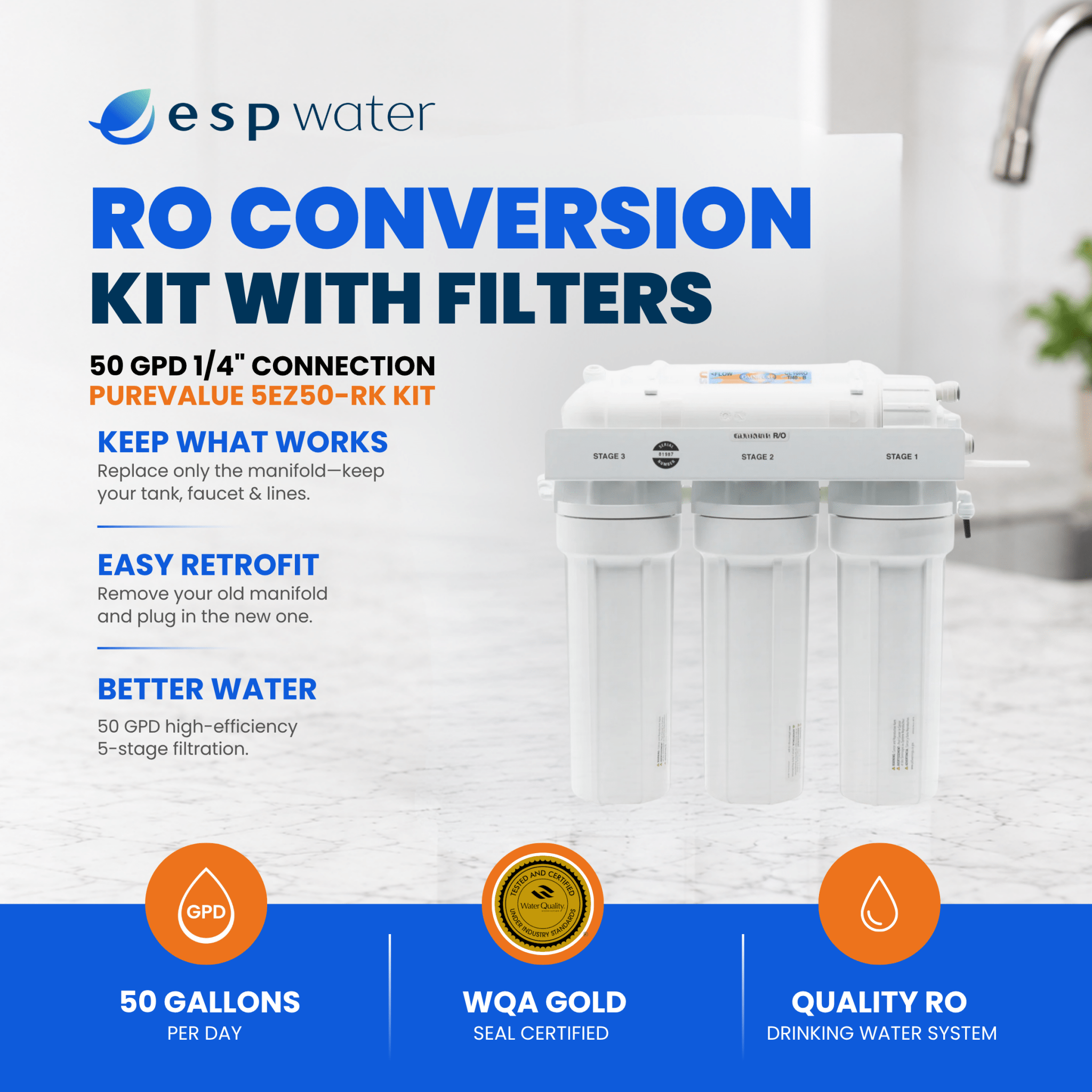 RO Conversion Kit with Filters 50 GPD 1/4" Connection 5EZ50 - RK PUREVALUE-5EZ50-RK - ESP Water