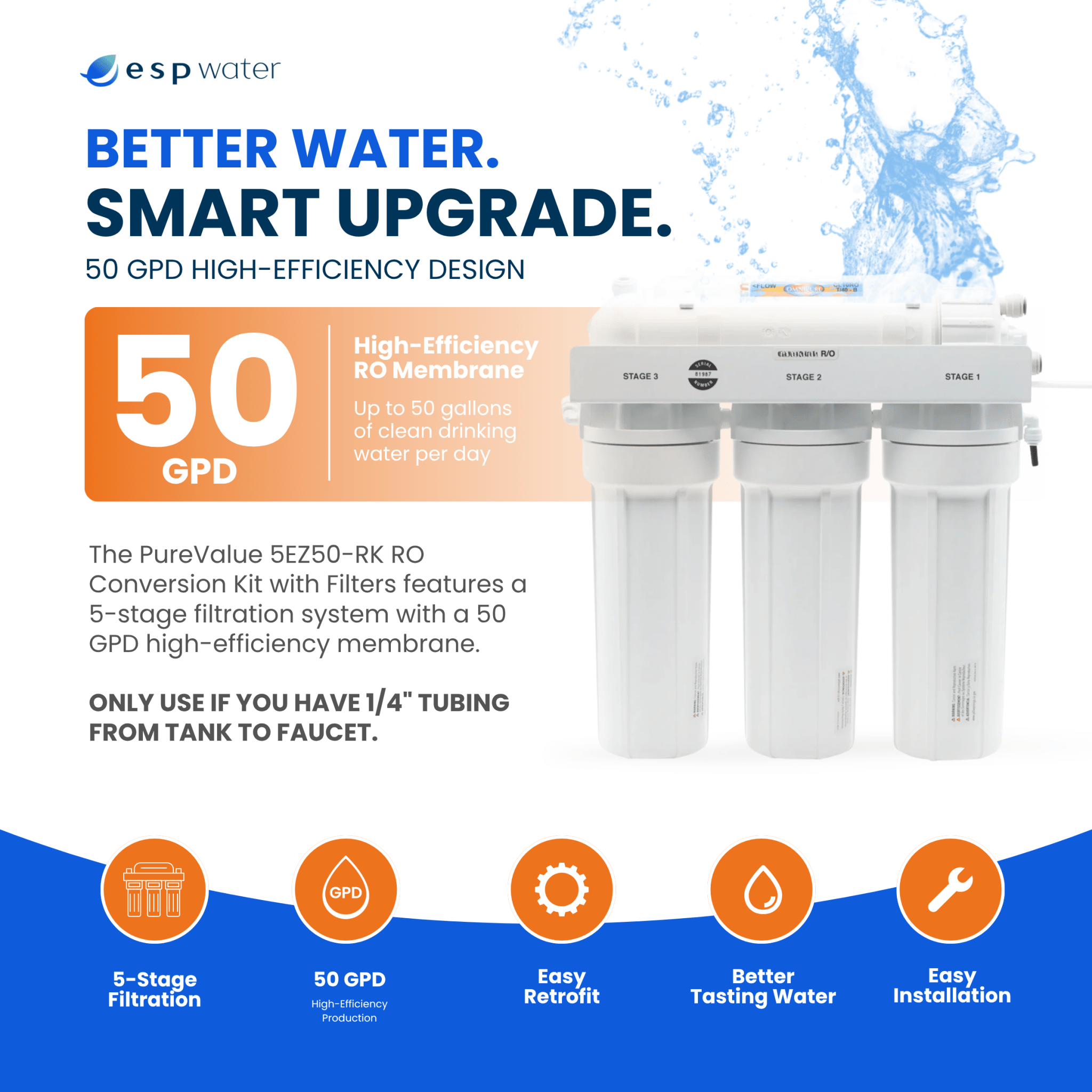 RO Conversion Kit with Filters 50 GPD 1/4" Connection 5EZ50 - RK PUREVALUE-5EZ50-RK - ESP Water