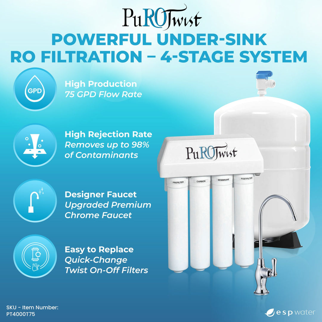 PuROTwist 4000 1:1 RO System with Quick Connect Filters 75 GPD 4 - Stage PT4000T75 - ESP Water
