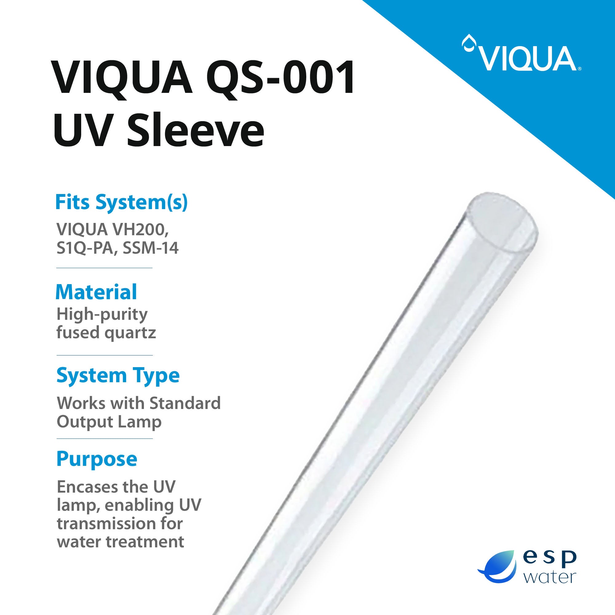 VIQUA QS-001 UV Quartz Sleeve for VH200, S1Q-PA, SSM-14 - ESP Water 