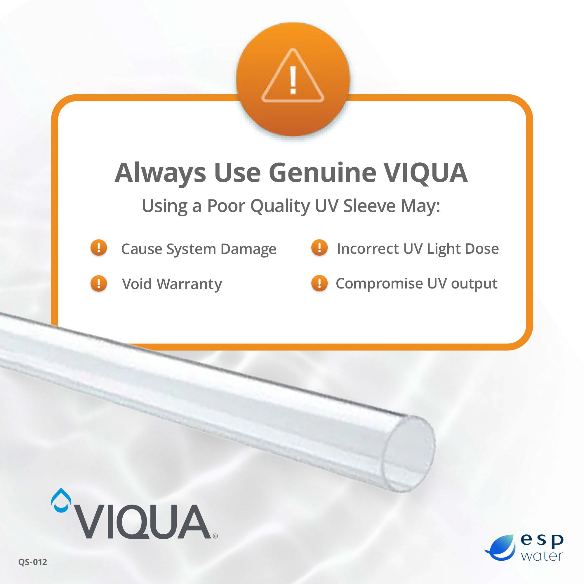 VIQUA QS-012 UV Quartz Sleeve for SHF-140, SHFM-140, S12Q-PA, S24Q, S40Q, SSM-39, SUV 24-100P - ESP Water 