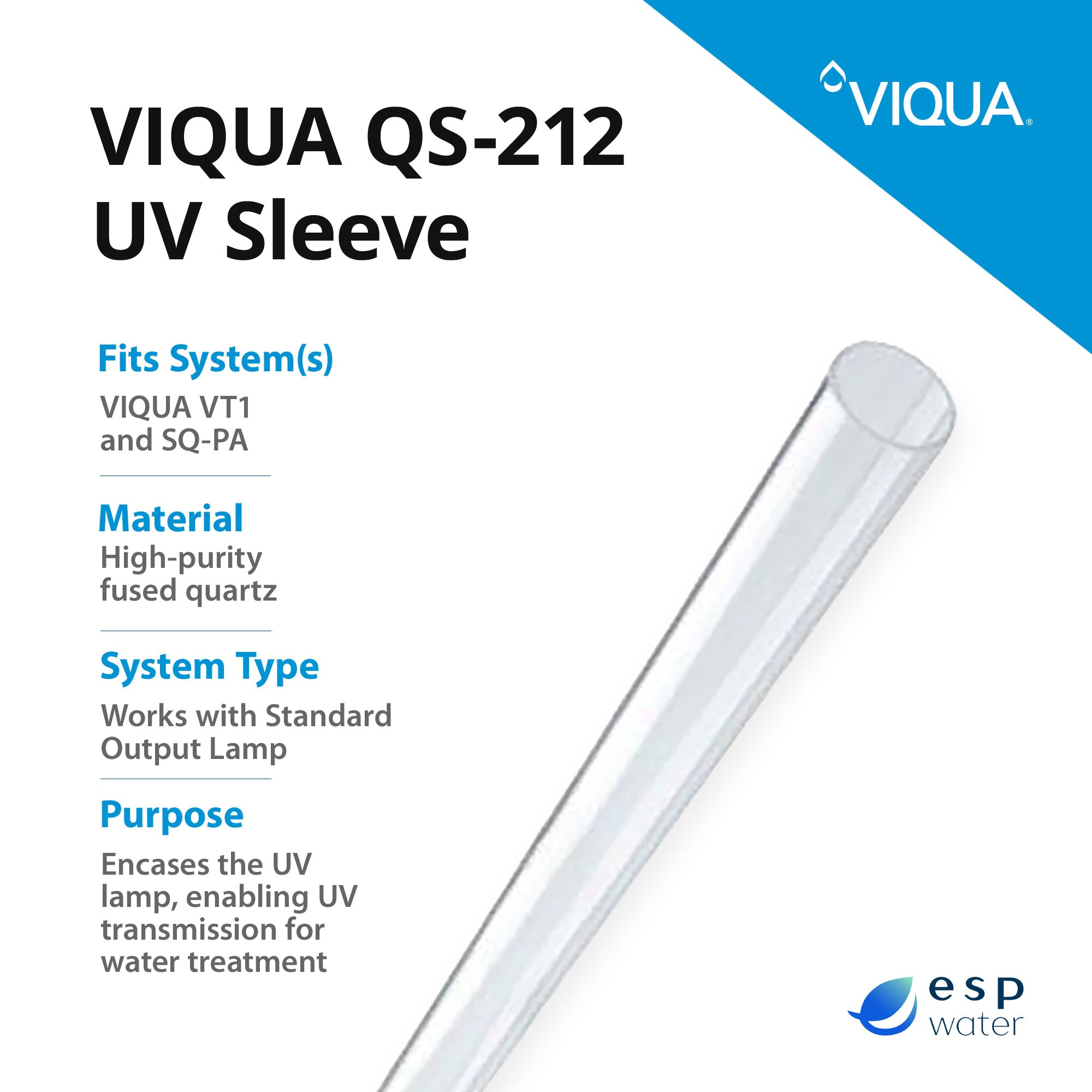 VIQUA QS - 212 UV Quartz Sleeve for VT1 and SQ - PA Systems QS-212 - ESP Water