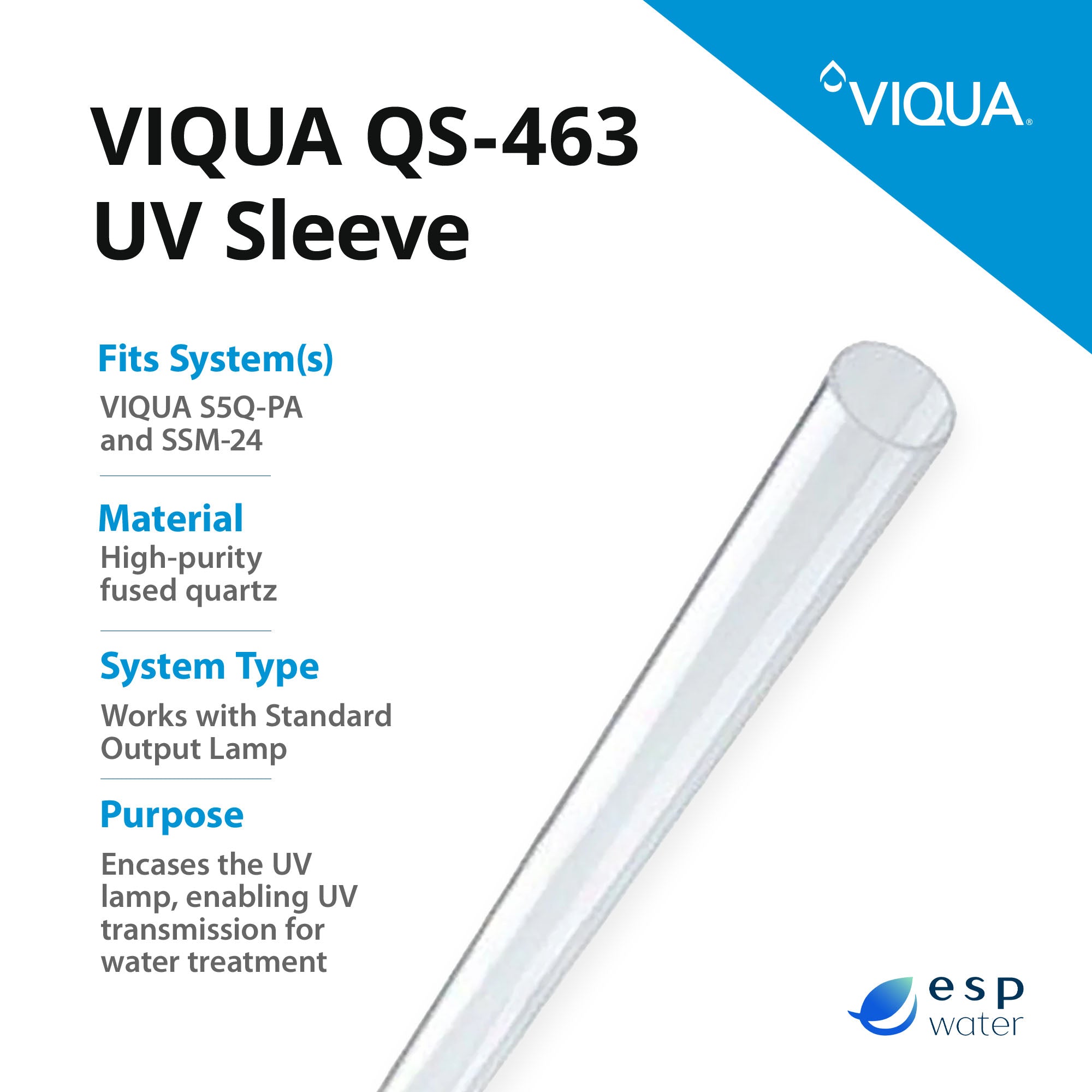 VIQUA QS-463 UV Quartz Sleeve for S5Q-PA and SSM-24 Systems - ESP Water 