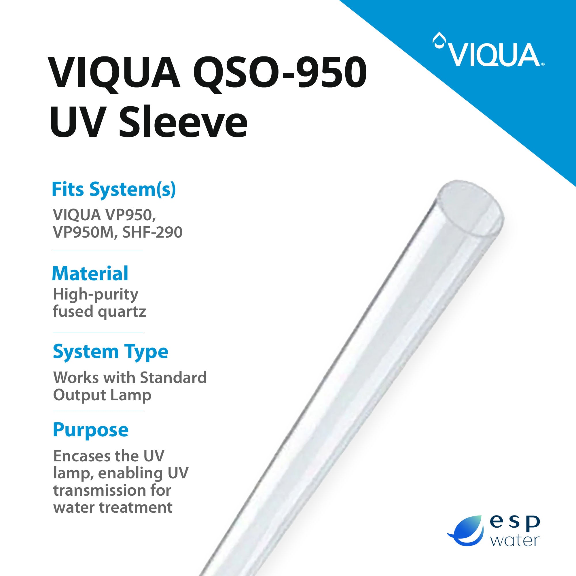 VIQUA QSO-950 UV Quartz Sleeve for VP950, VP950M, SHF-290 - ESP Water 