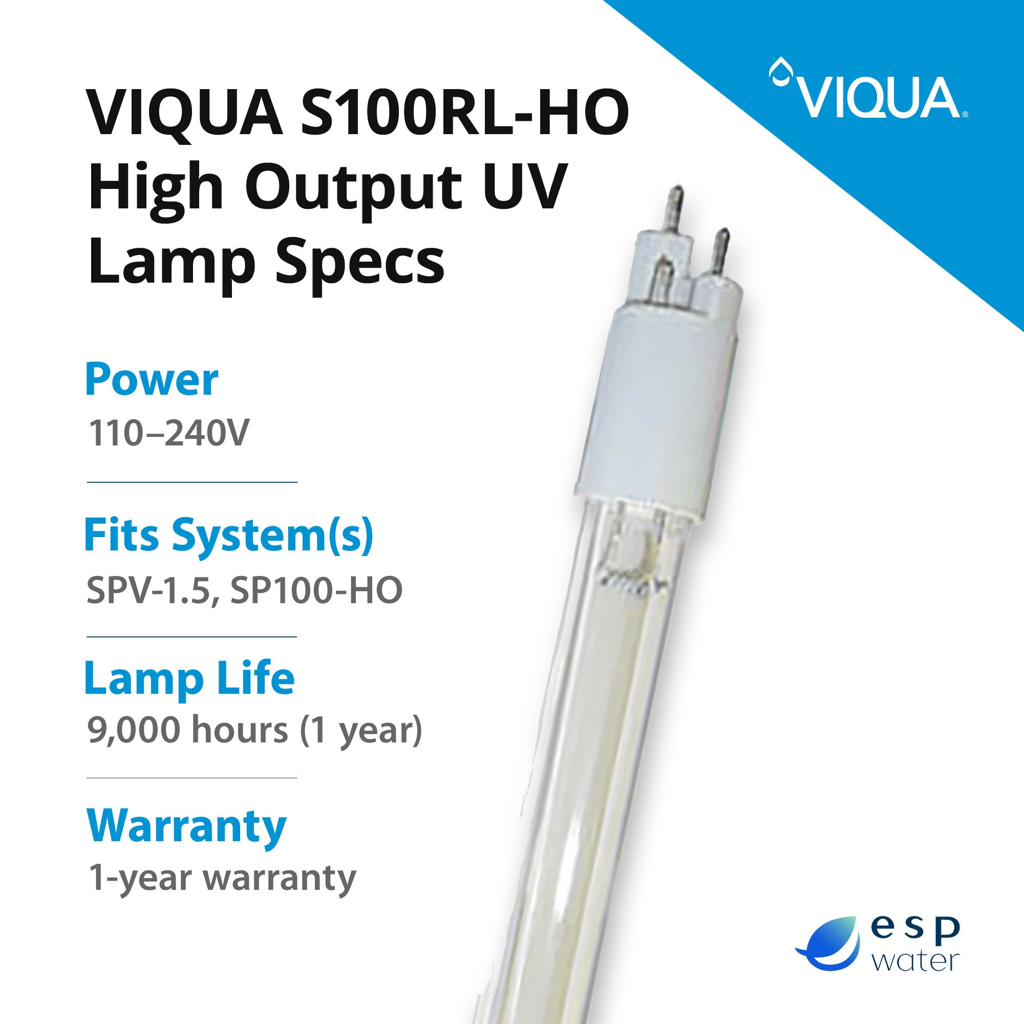 VIQUA S100RL - HO High Output UV Lamp for SPV - 1.5 & SP100 - HO S100RL-HO - ESP Water