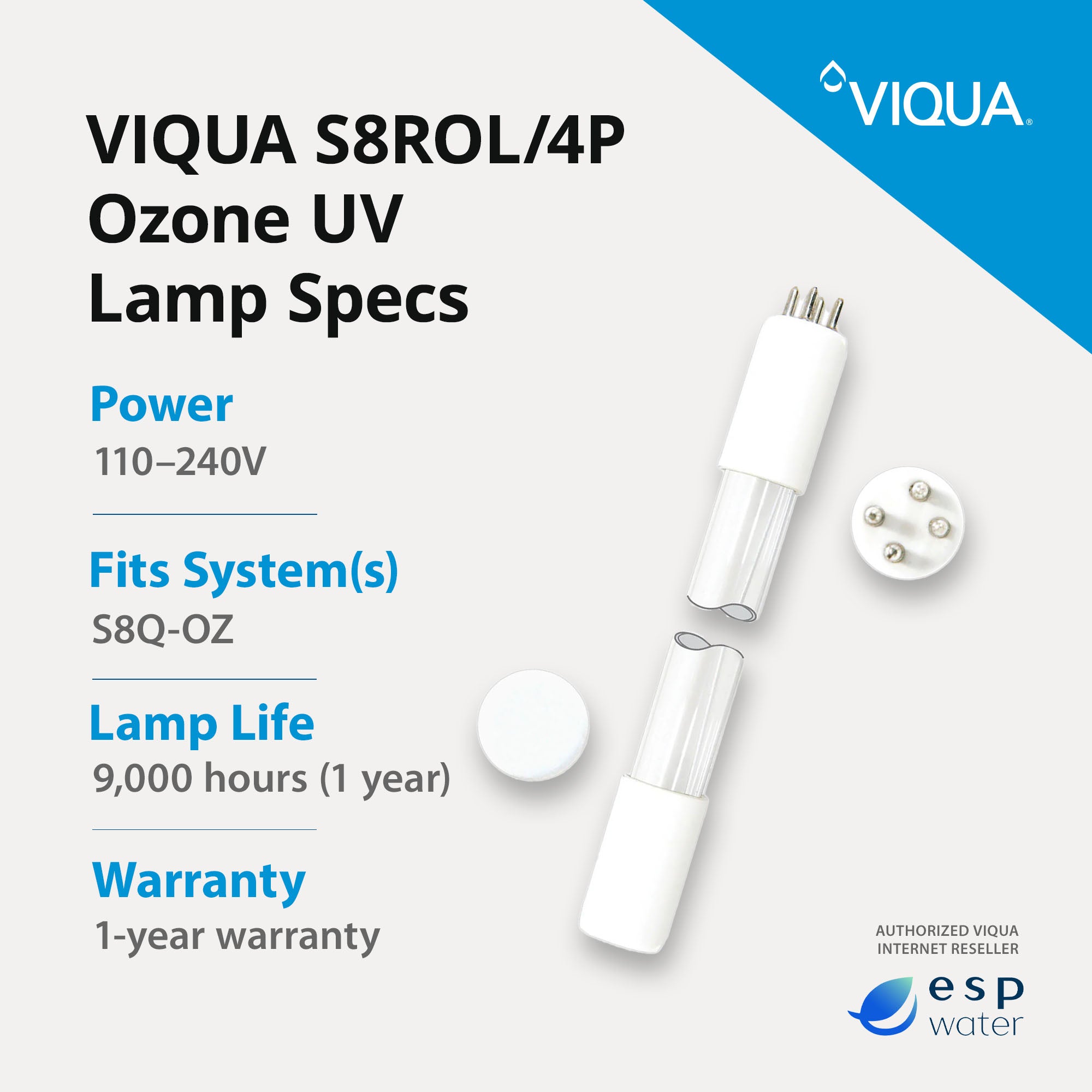 VIQUA S8ROL/4P Ozone UV Lamp for S8Q - OZ Systems S8ROL/4P - ESP Water