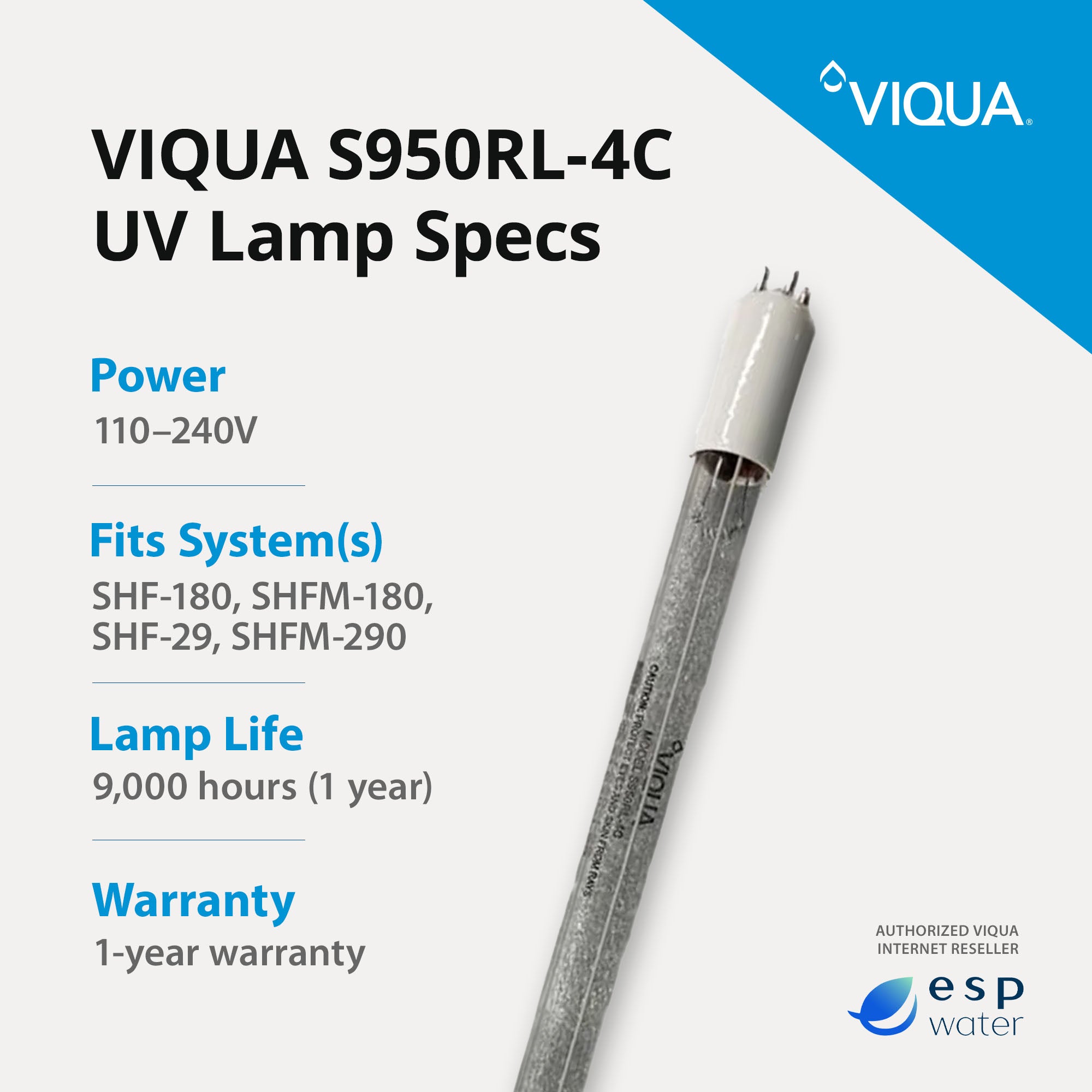 VIQUA S950RL-4C UV Lamp for SHF-180, SHFM-180, SHF-290 - ESP Water 