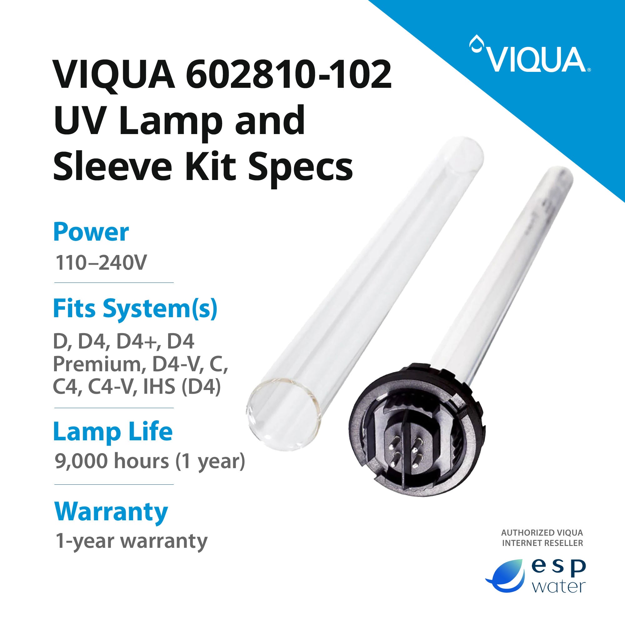 VIQUA 602810-102 UV Lamp and Sleeve Kit for D, D4, D4+, C, C4 - ESP Water 