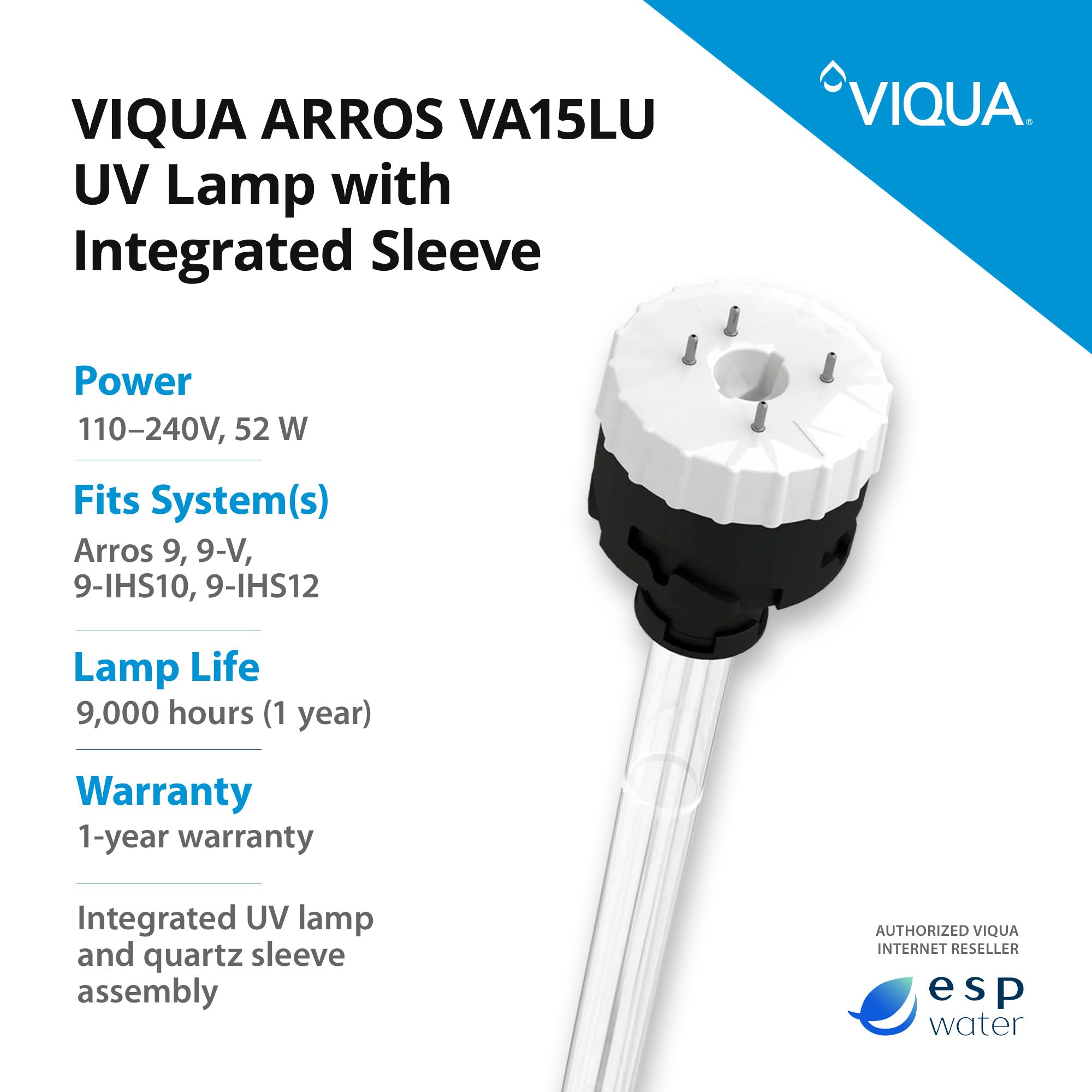 VIQUA VA09LU UV Lamp with Integrated Sleeve for ARROS 9, 9-V, 9-IHS10, 9-IHS12 - ESP Water 