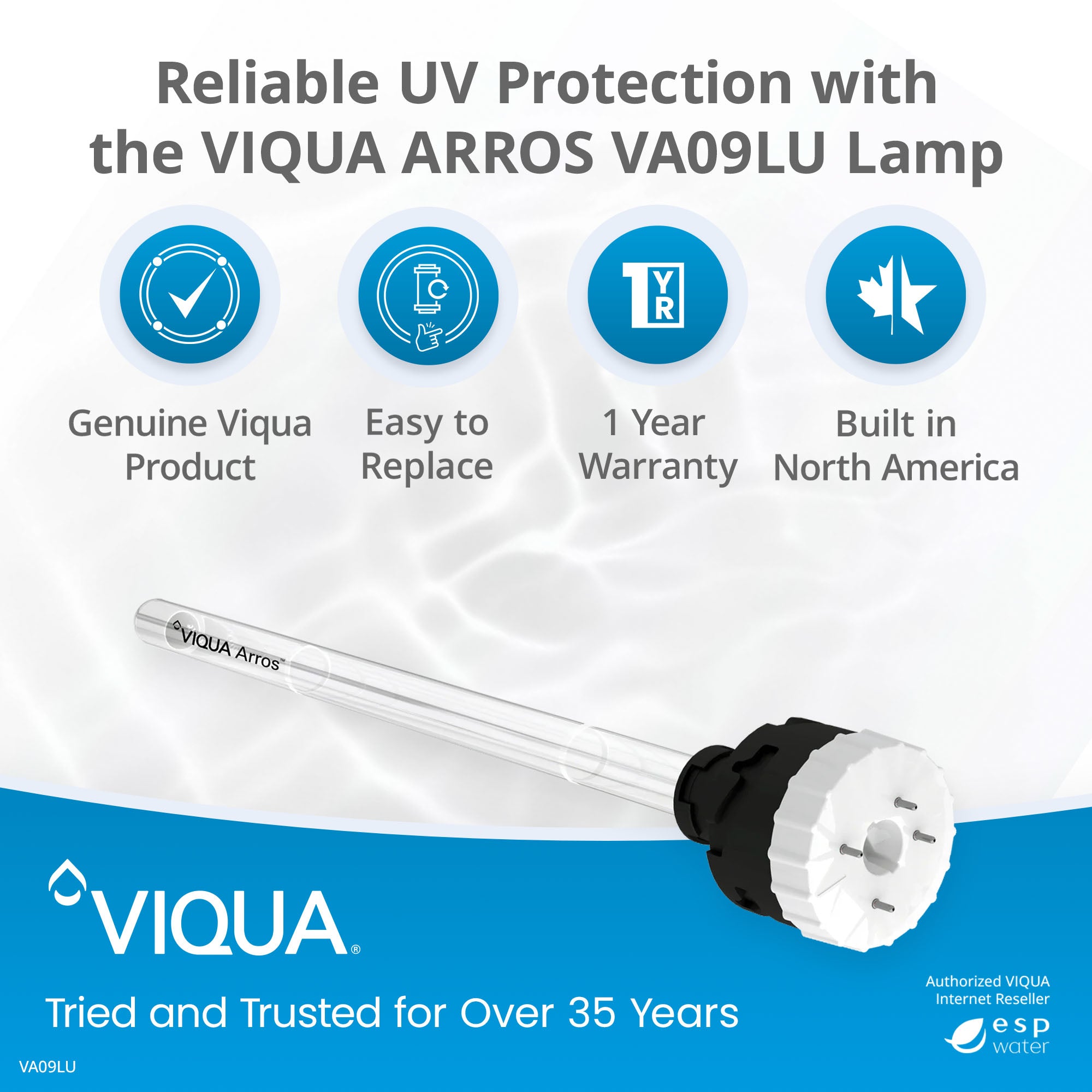 Comparison infographic of UV lamps highlighting benefits of the VIQUA ARROS VA09LU UV lamp with integrated sleeve for water purification efficiency and system longevity.