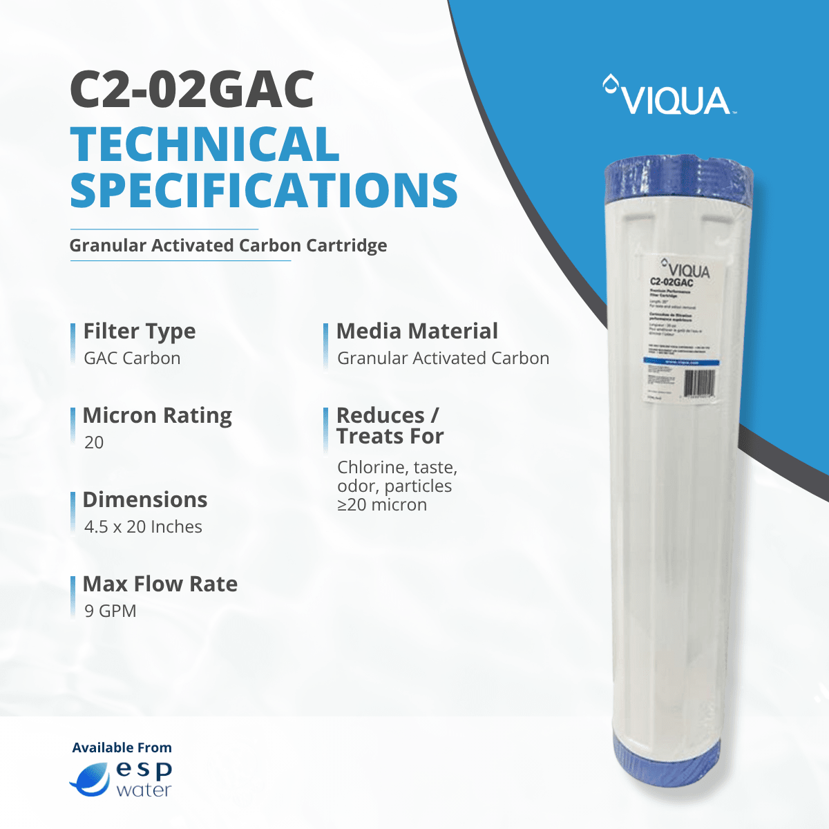 VIQUA C2 - 02GAC Granular Carbon Filter GAC 4.5" x 20" C2-02GAC - ESP Water