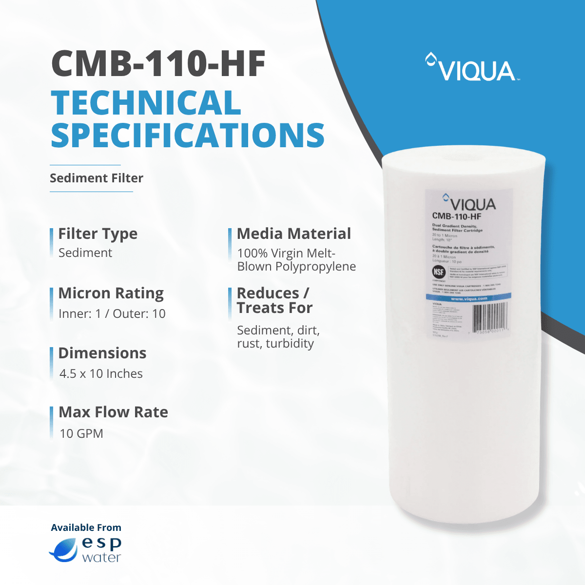 VIQUA CMB - 110 - HF Sediment Filter 1 Micron 4.5" x 10" CMB-110-HF - ESP Water