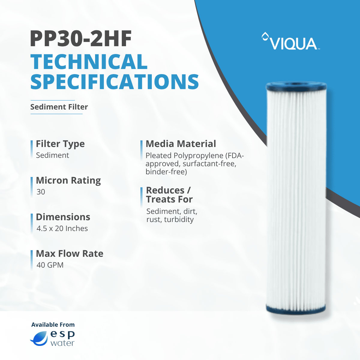 VIQUA PP30 - 2HF Pleated Sediment Filter 30 Micron 4.5" x 20" PP30-2HF - ESP Water