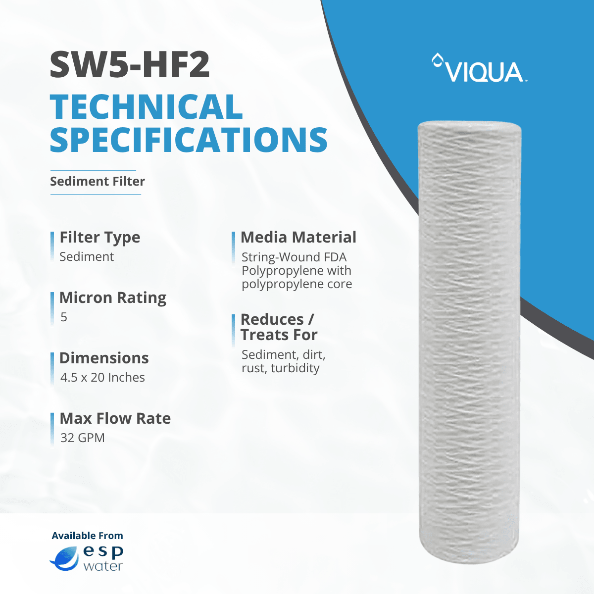 VIQUA SW5 - HF2 String - Wound Sediment Filter 5 Mic 4.5" x 20" SW5-HF2 - ESP Water