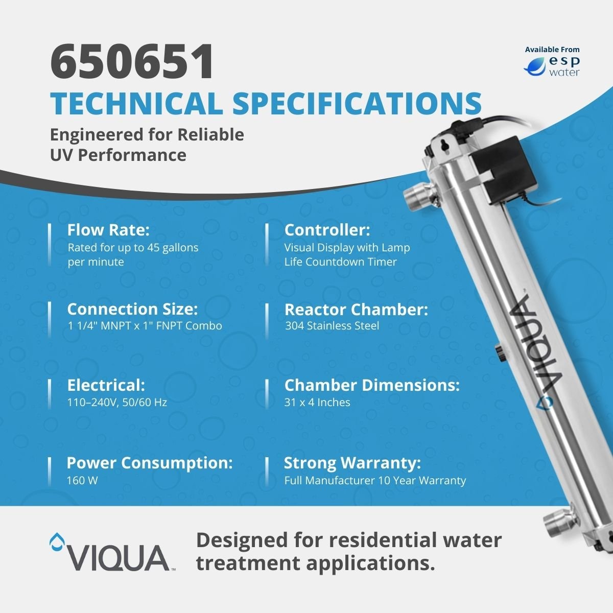 VIQUA 650651 H UV System, 45 GPM, 1" and 1.25" NPT 650651 - ESP Water