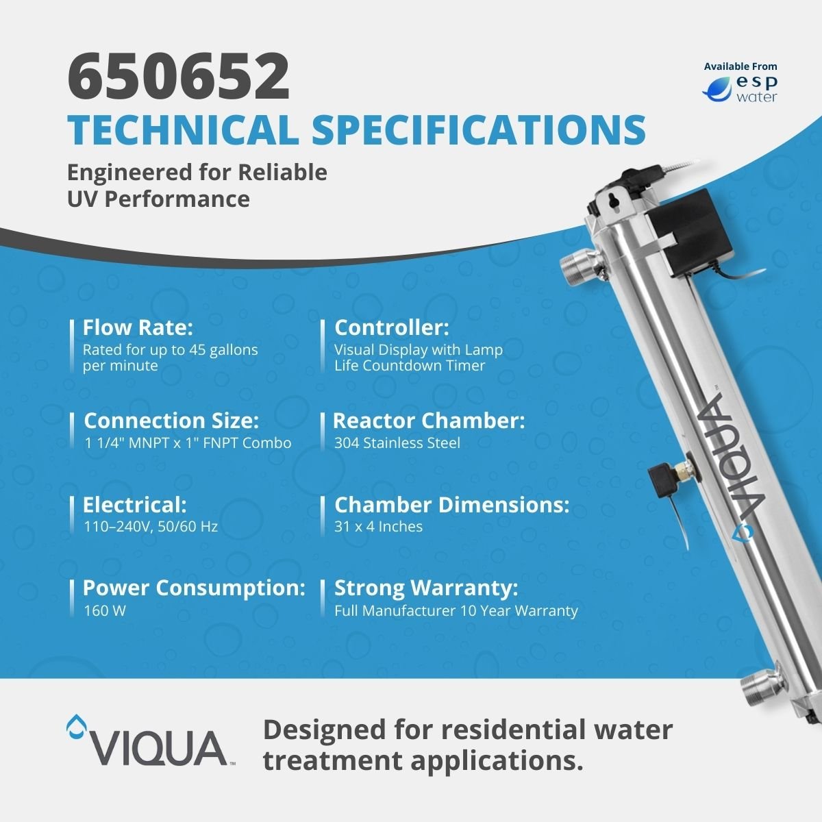 VIQUA 650652 H+ UV System with Sensor, 45 GPM, 1" and 1.25" 650652 - ESP Water