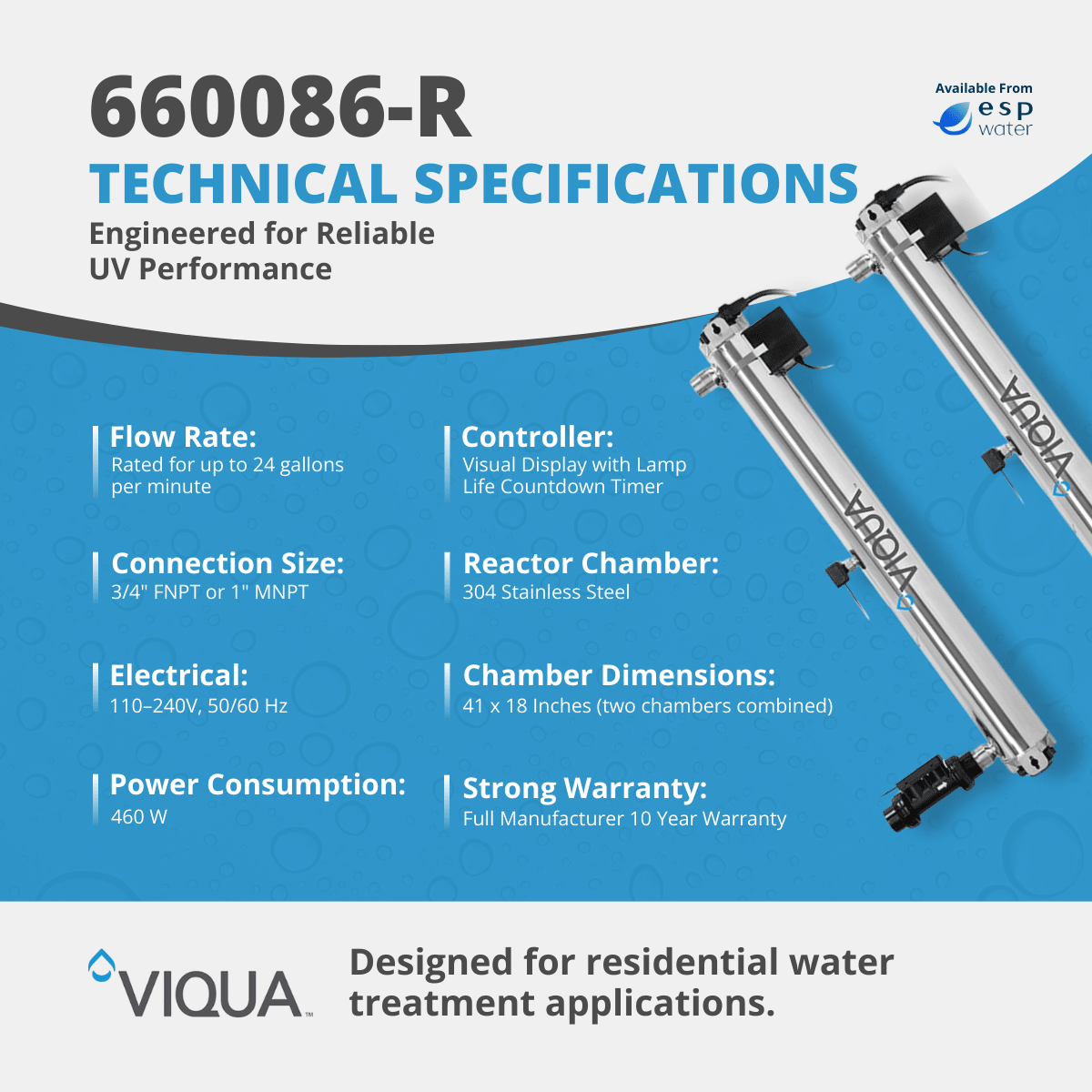 VIQUA PRO24 - 186 UV Sterilizer USEPA 4 - Log Validated 24 GPM 660086 - R 660086-R - ESP Water
