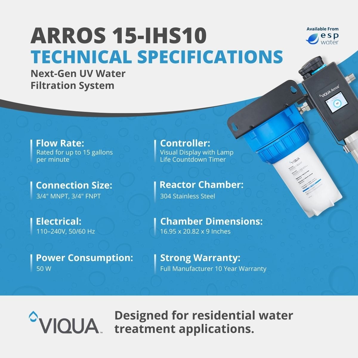 VIQUA Arros 15 - IHS10 UV System 15 GPM with Sediment Filter Arros 15-IHS10 - ESP Water