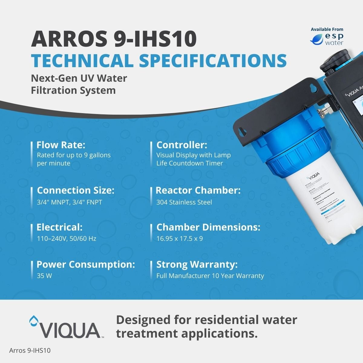 VIQUA Arros 9 - IHS10 UV System 9 GPM with Sediment Filter Arros 9-IHS10 - ESP Water