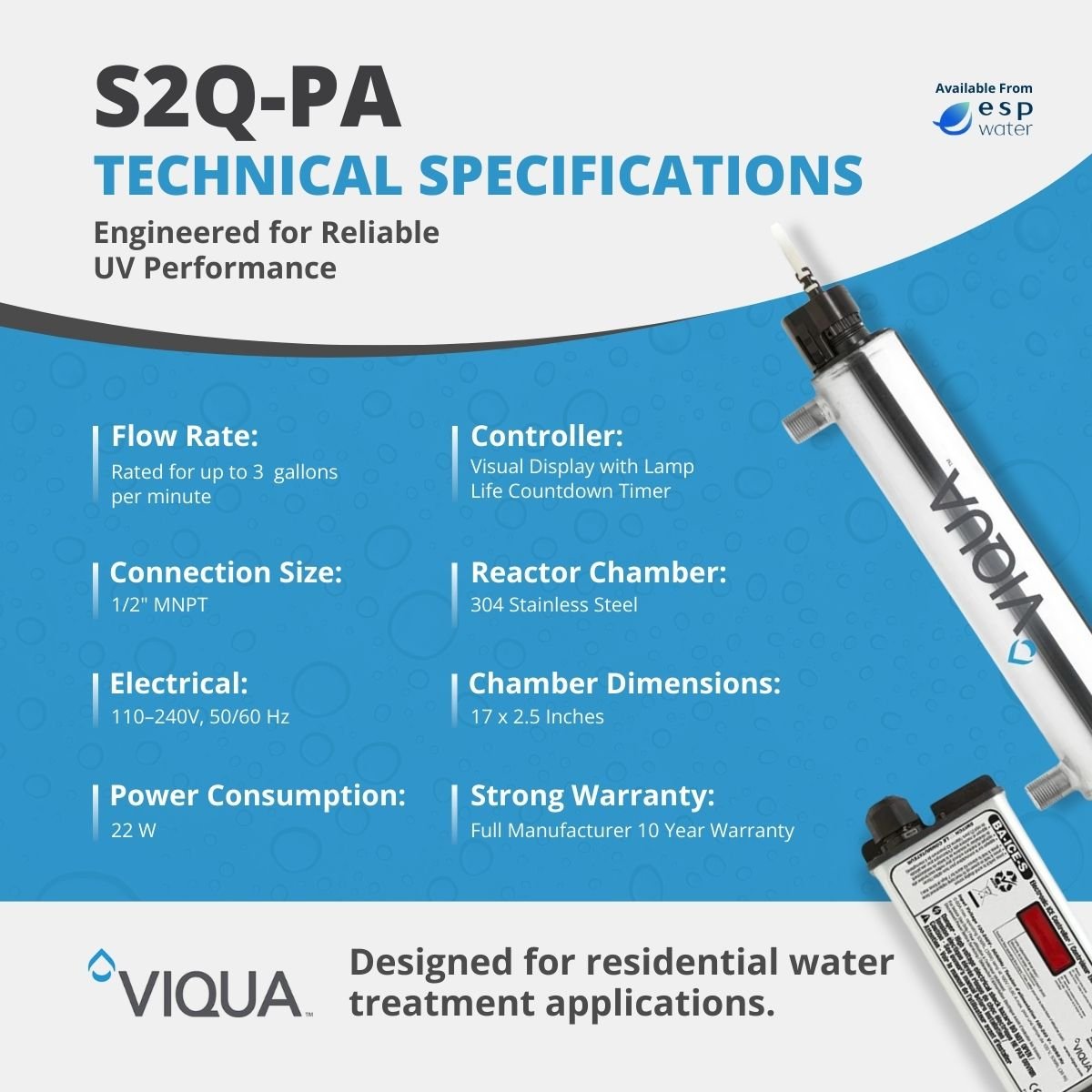 VIQUA S2Q - PA UV System 3 GPM for Single Faucet S2Q-PA - ESP Water