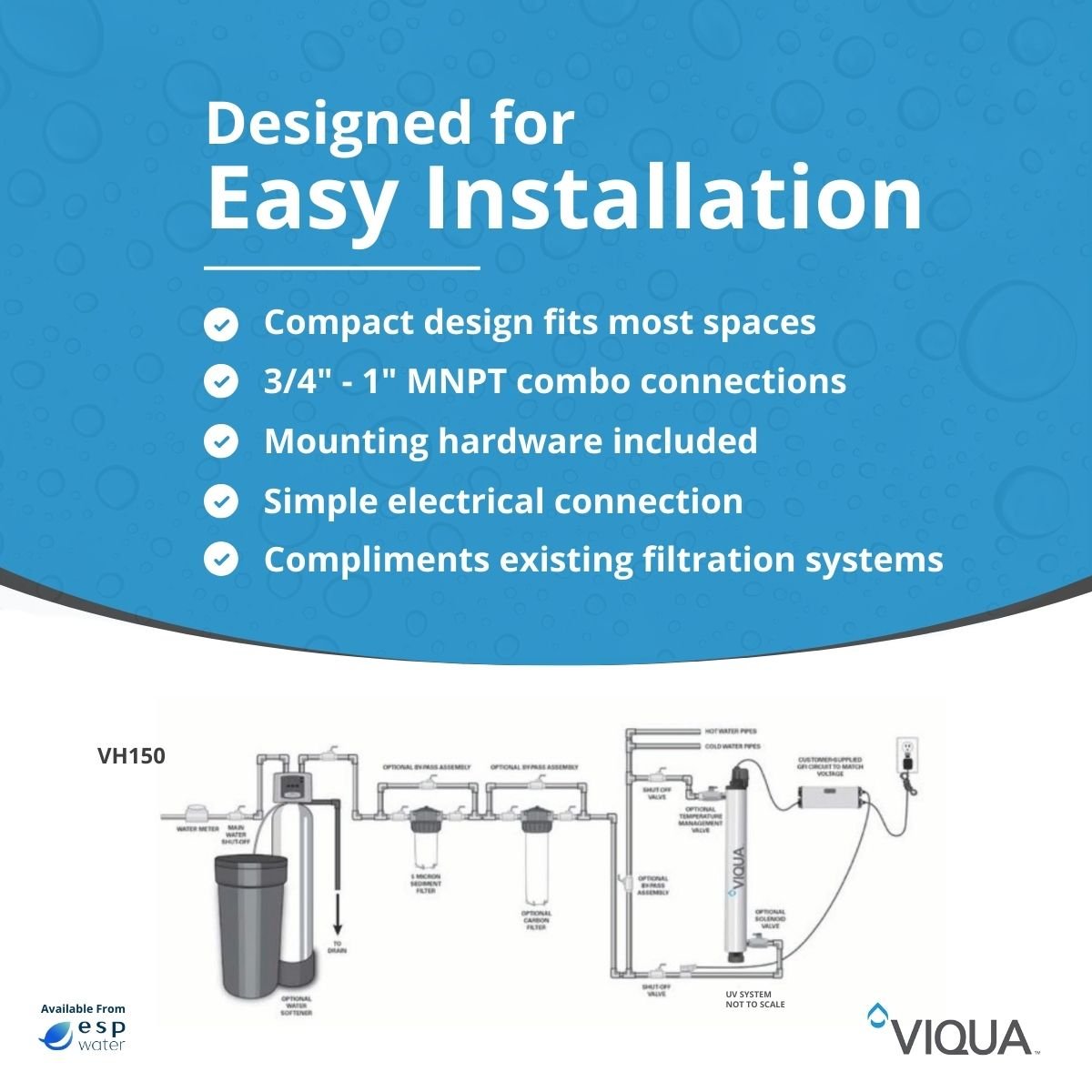 VIQUA VH150 UV System 5 GPM, 110 - 240V, 3/4"x1" NPT VH150 - ESP Water