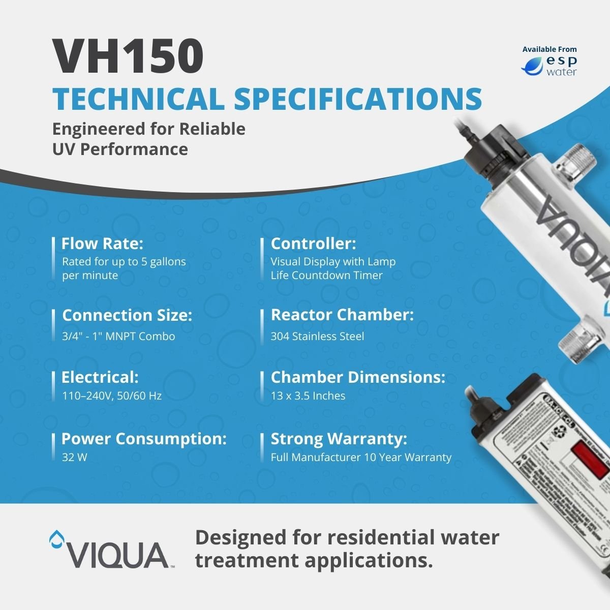VIQUA VH150 UV System 5 GPM, 110 - 240V, 3/4"x1" NPT VH150 - ESP Water