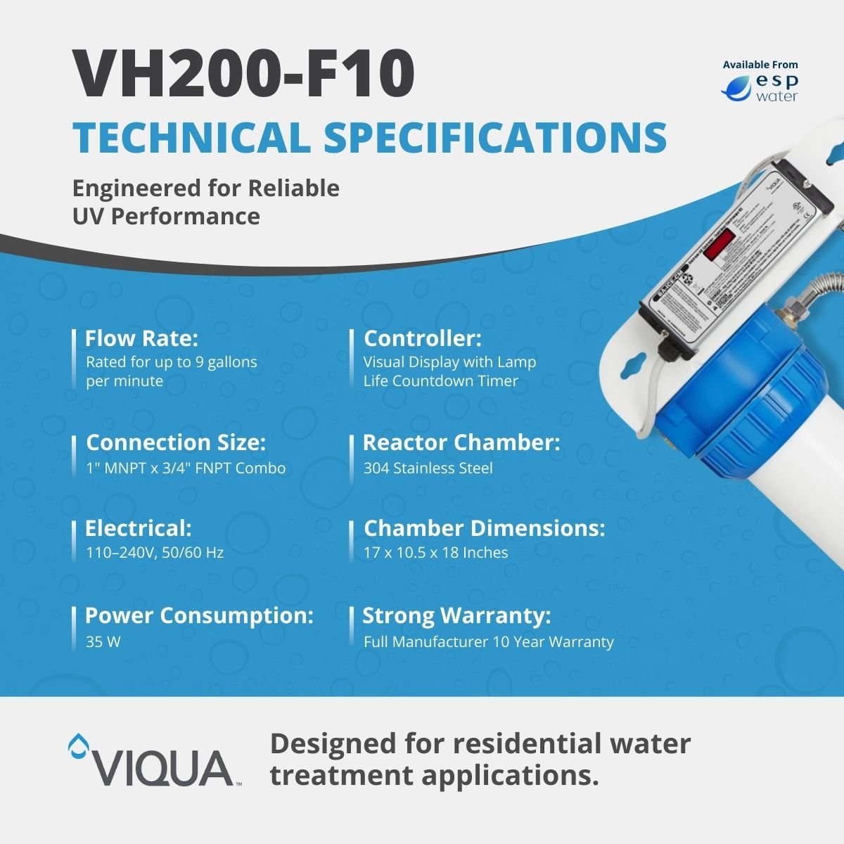 VIQUA VH200 - F10 UV System with Sediment Filter 9 GPM 1" MNPT VH200-F10 - ESP Water