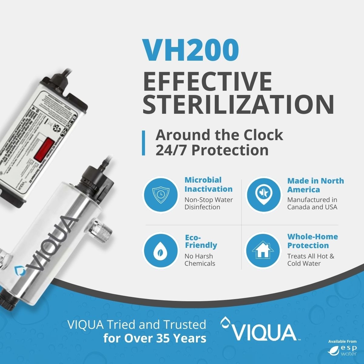 VIQUA VH200 UV System 9 GPM 3/4" FNPT 1" MNPT Combo VH200 - ESP Water
