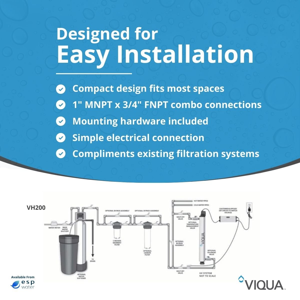 VIQUA VH200 UV System 9 GPM 3/4" FNPT 1" MNPT Combo VH200 - ESP Water