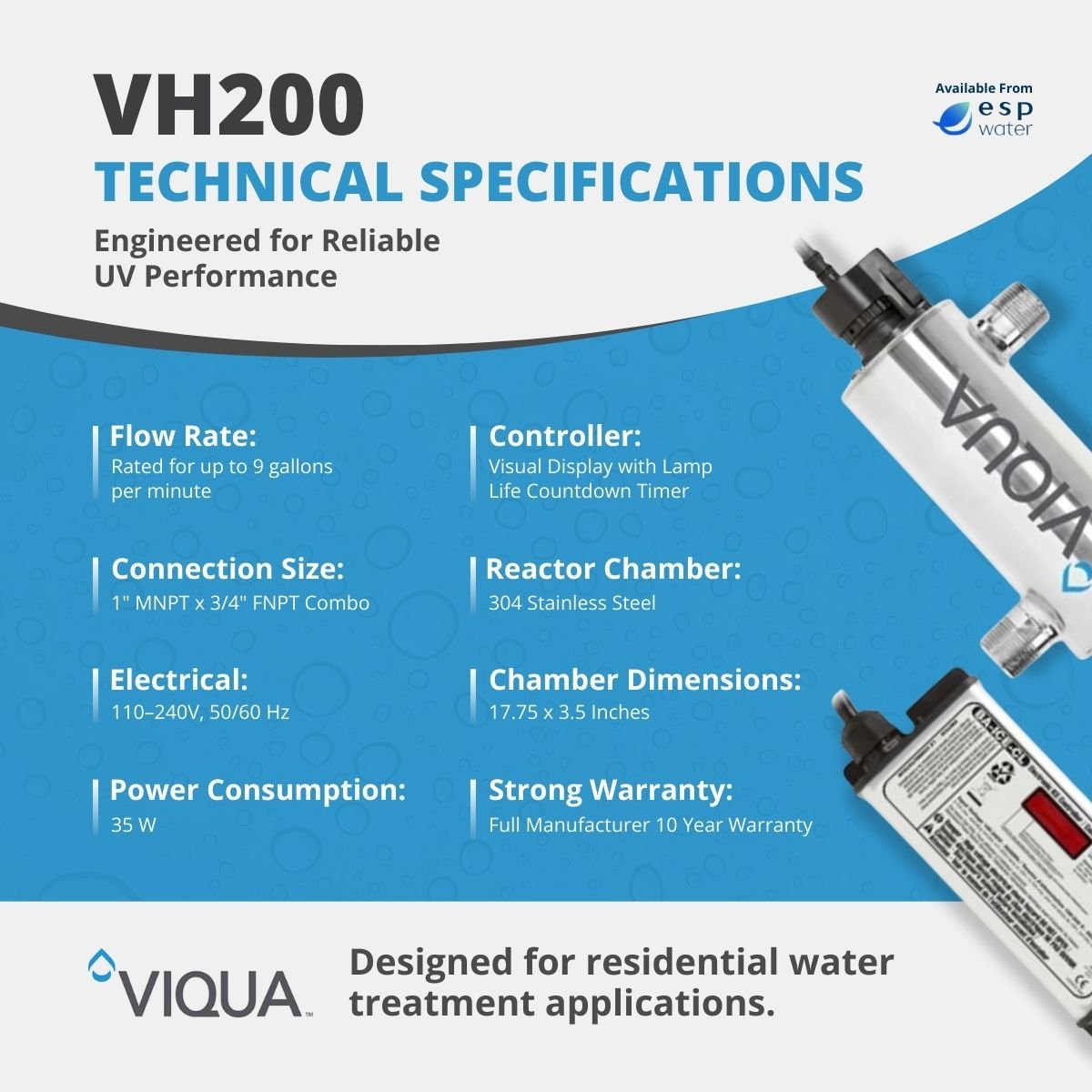 VIQUA VH200 UV System 9 GPM 3/4" FNPT 1" MNPT Combo VH200 - ESP Water
