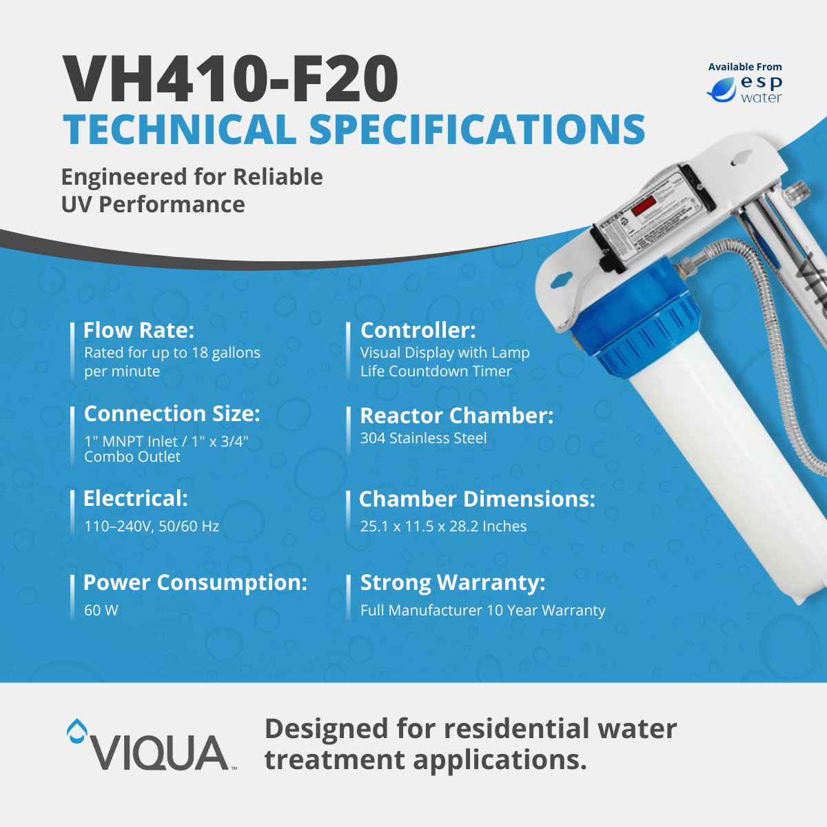 VIQUA VH410 - F20 UV System with Sediment Filter 18 GPM 1" MNPT VH410-F20 - ESP Water