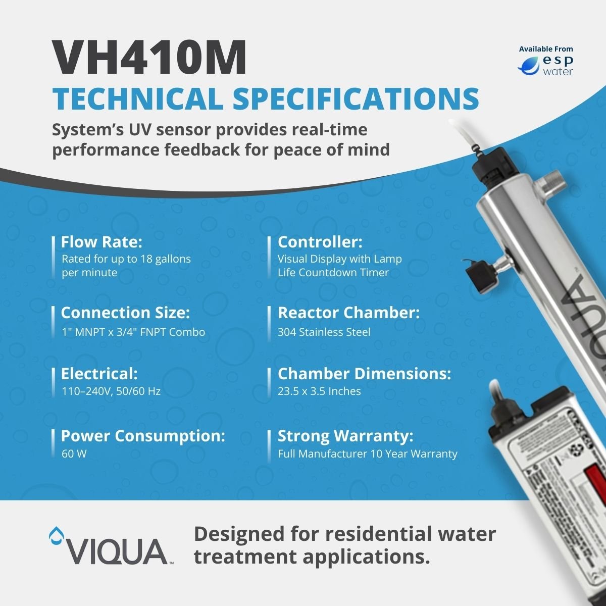 VIQUA VH410M UV System with Sensor 18 GPM 3/4" and 1" NPT VH410M - ESP Water