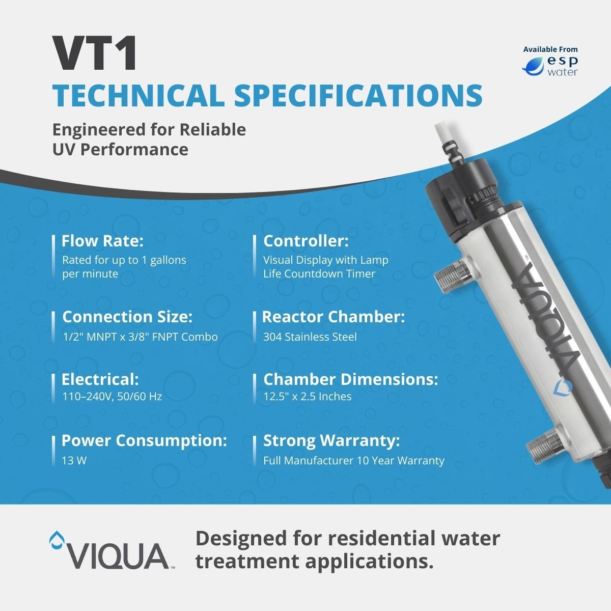 VIQUA VT1 UV System 1 GPM 3/8" and 1/2" Combo NPT VT1 - ESP Water