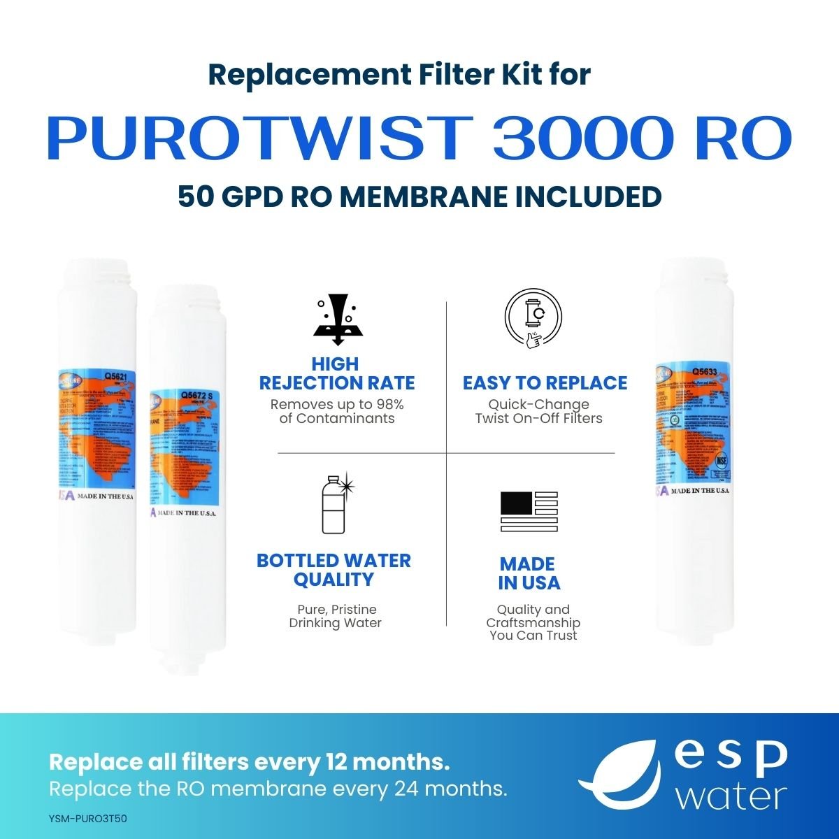 PuROTwist 3000 RO Filter Replacement Kit with 50 GPD Membrane YSM-PURO3T50 - ESP Water