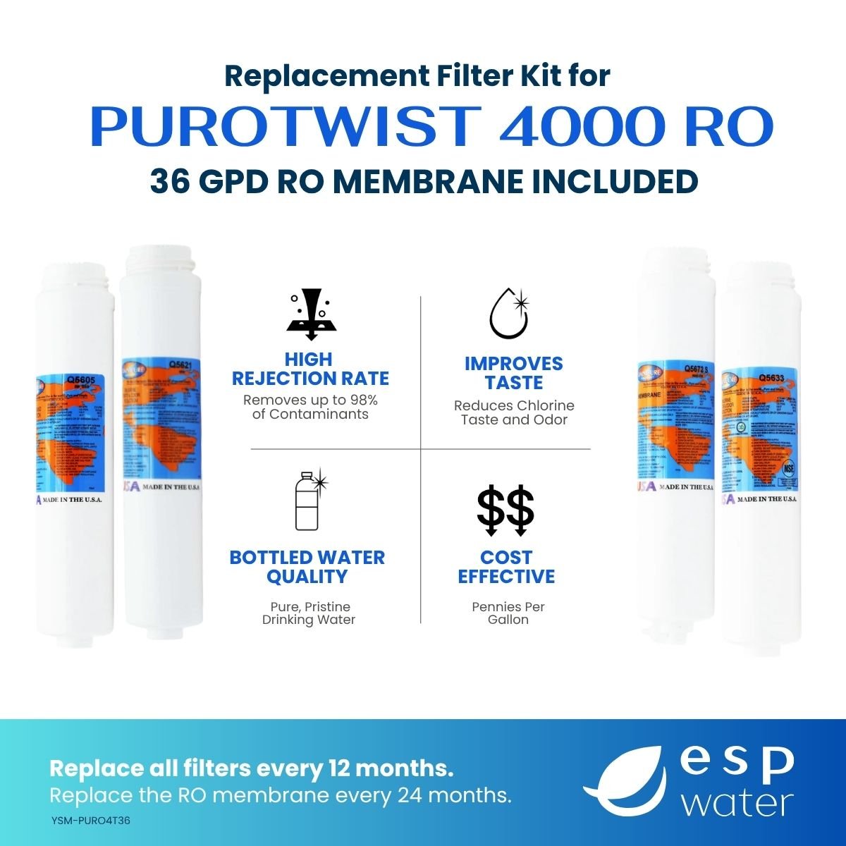 PuROTwist 4000 RO Filter Replacement Kit with 36 GPD Membrane YSM-PURO4T36 - ESP Water